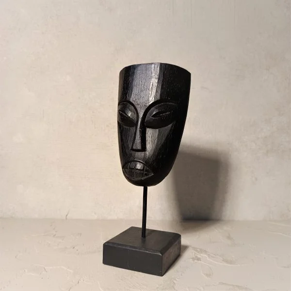 Black Wood Ethnic Mask Statue - Image 4