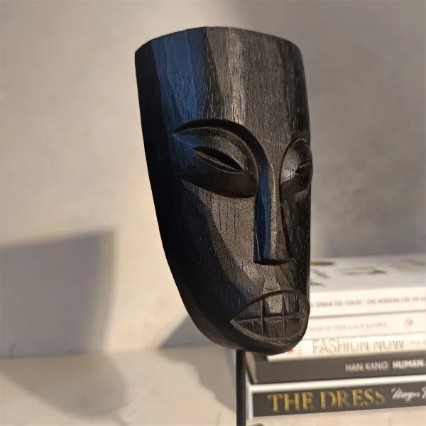 Black Wood Ethnic Mask Statue - Image 2